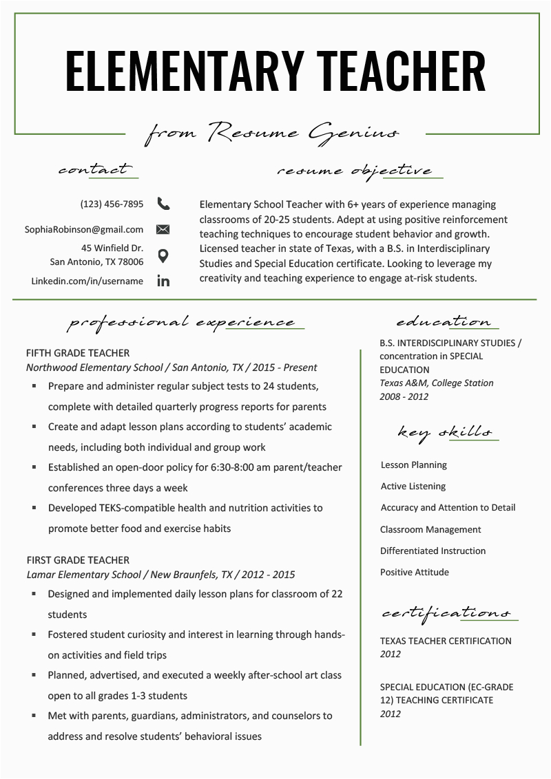 elementary teacher resume example