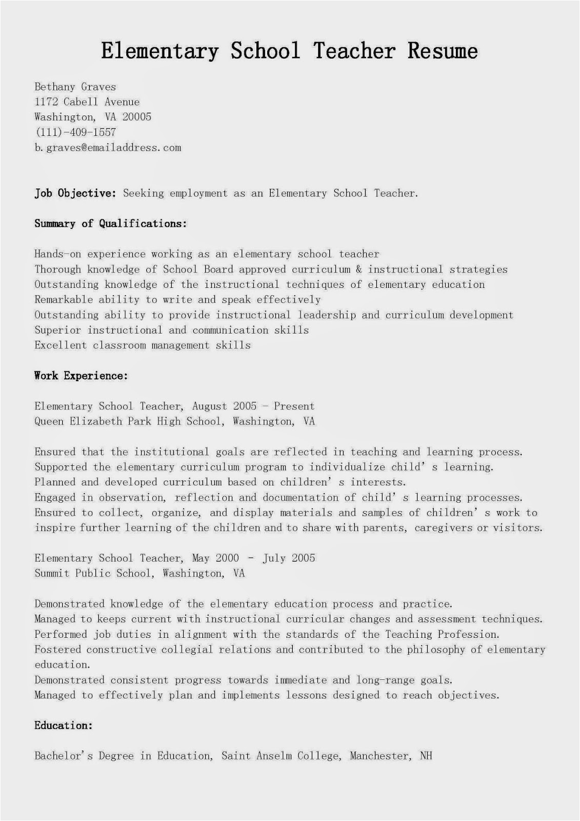 elementary school teacher resume sample