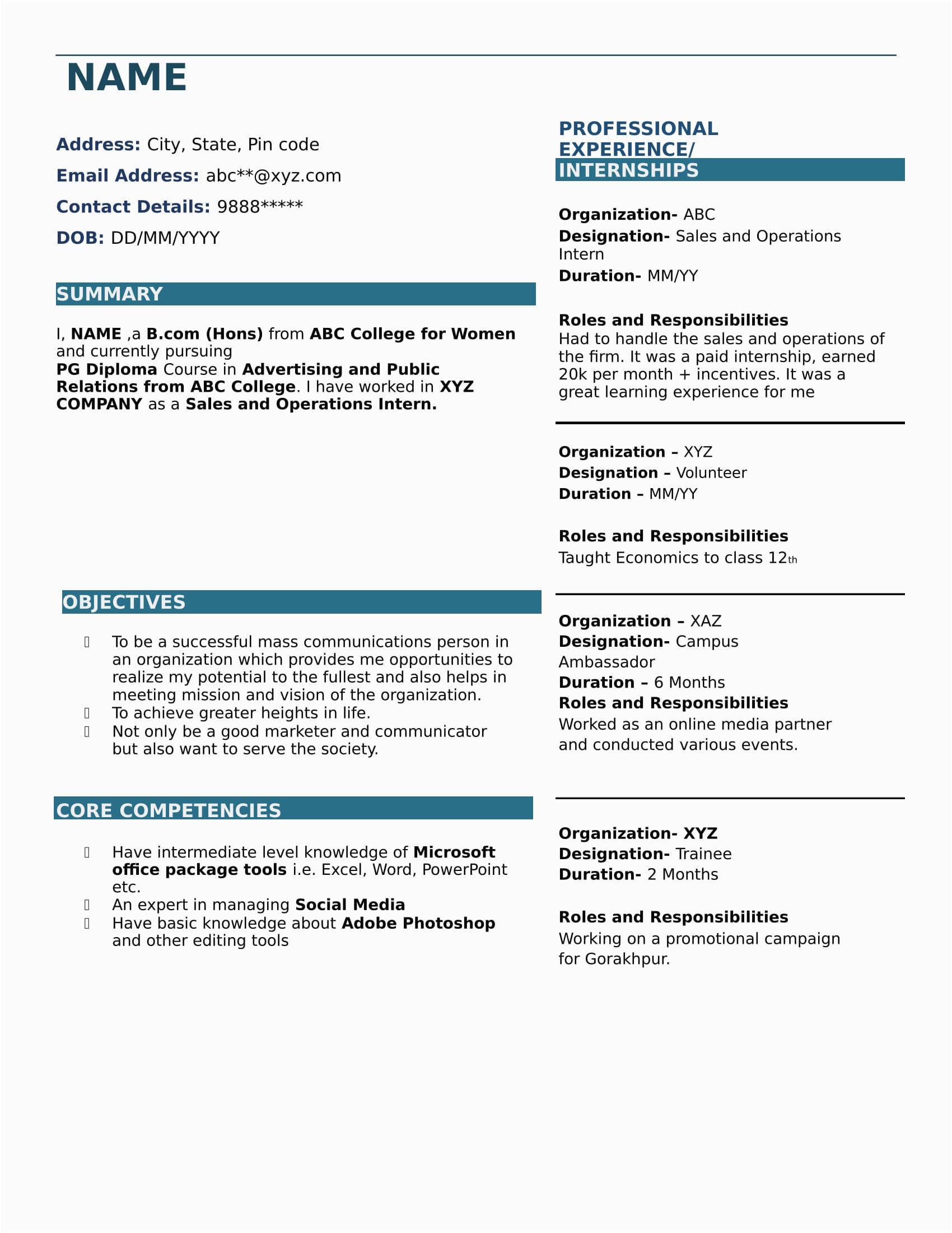 About Me In Resume Sample for Freshers Resume Templates for B Freshers Download Free