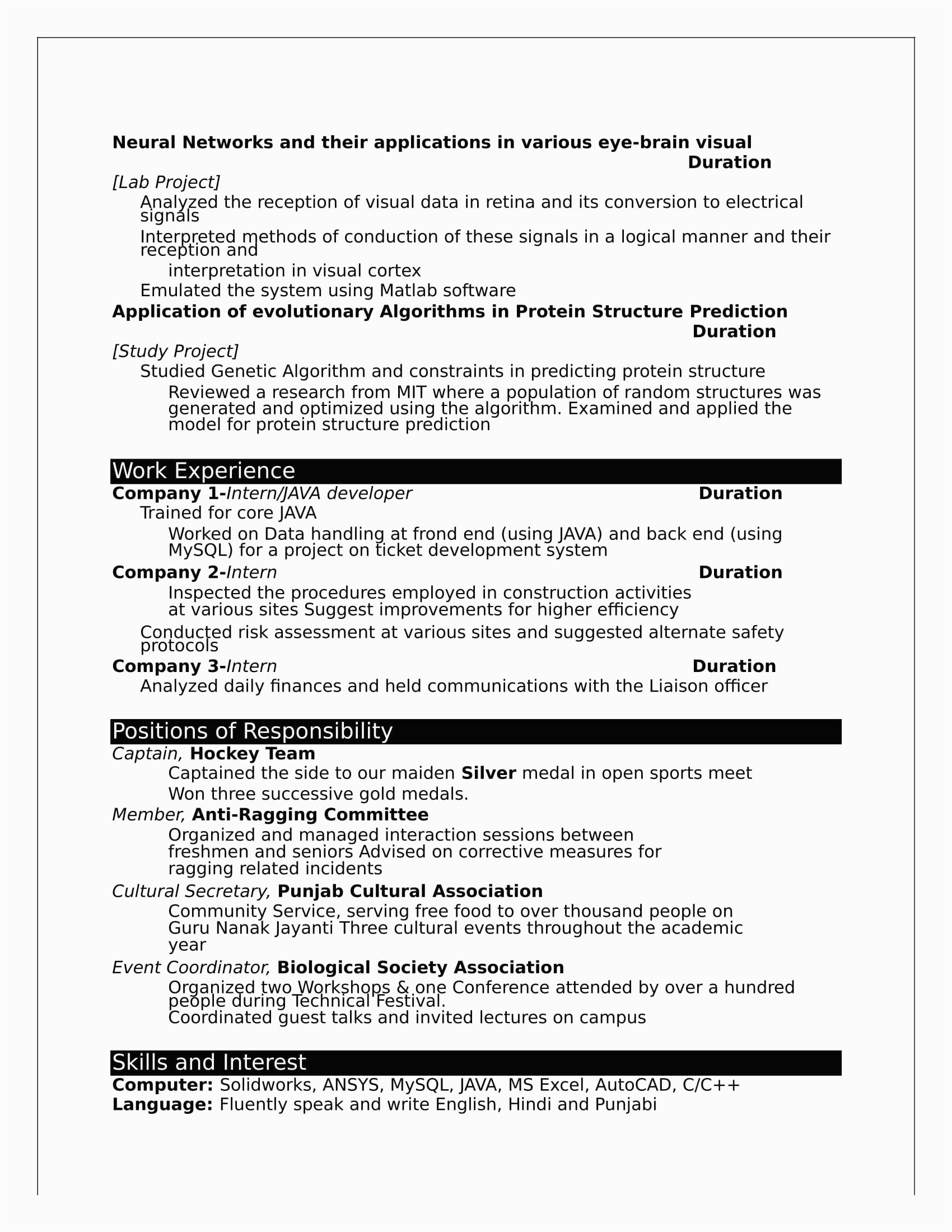 b tech fresher resume format doc