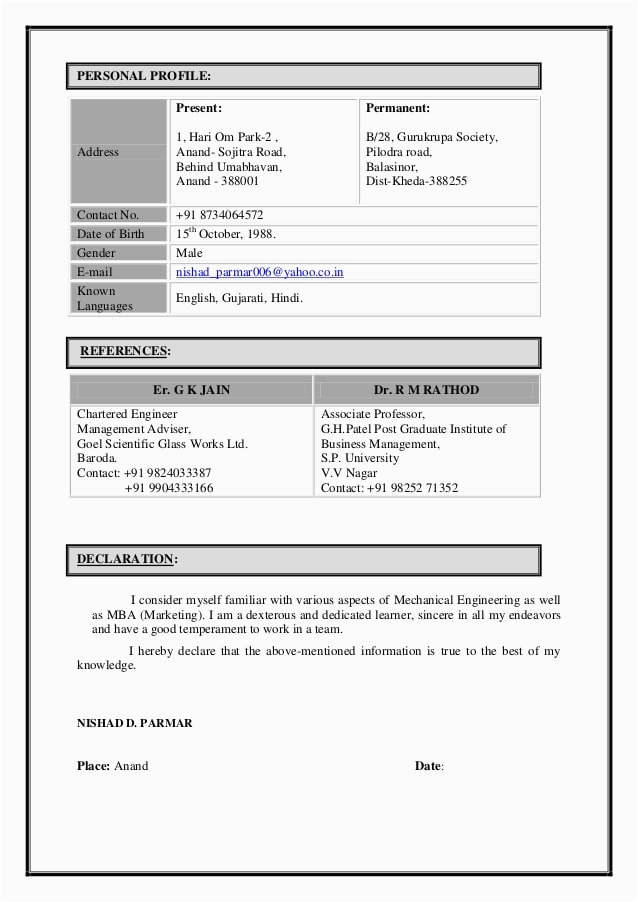 nishad resume btech mechanical mba