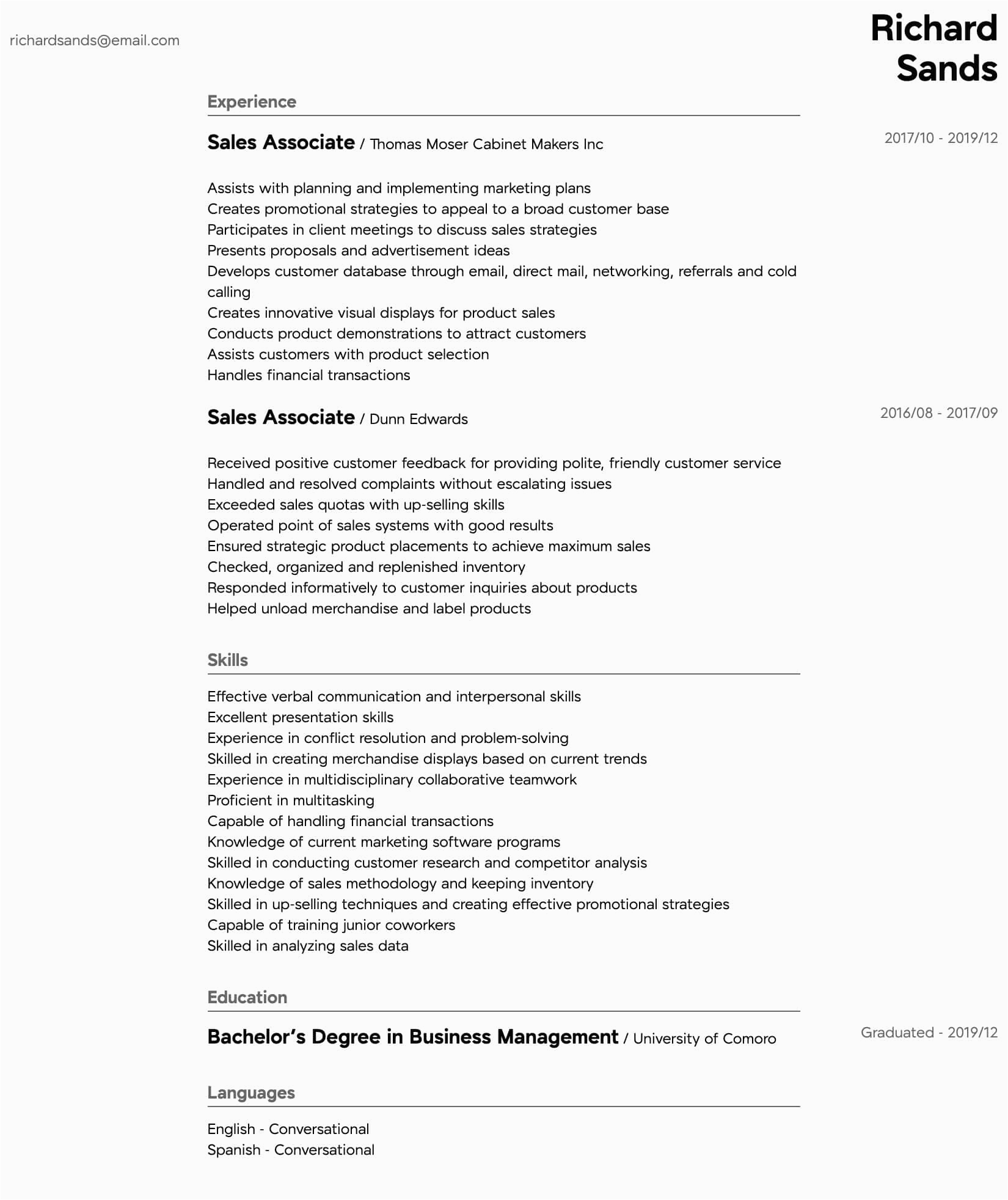 customer service sales associate resume