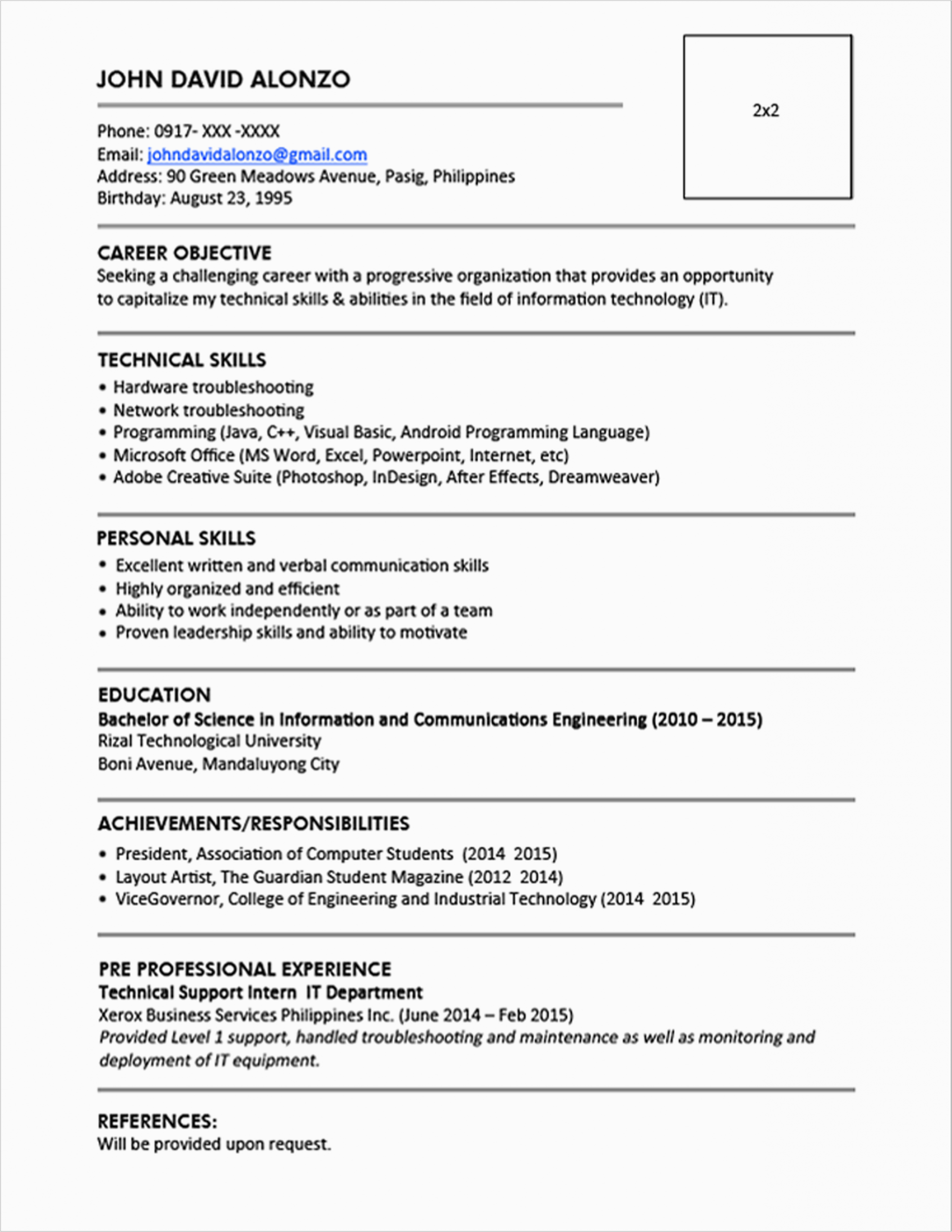 sample resume format fresh graduates single page