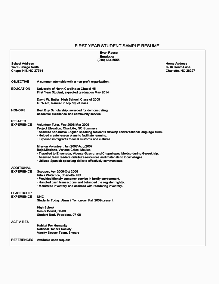 First Year College Student Resume Samples First Year Student Sample Resume Free Download
