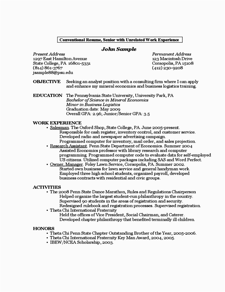 free sample resume by a first year student