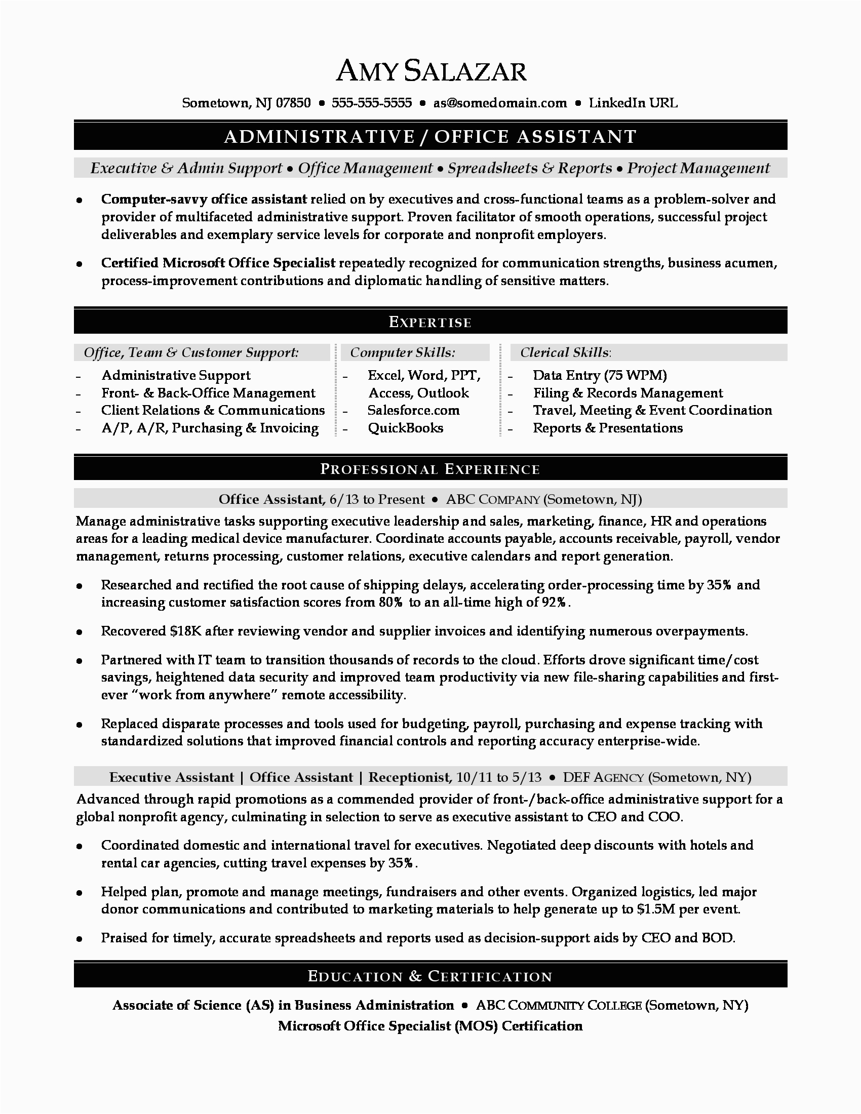 sample resume office assistant