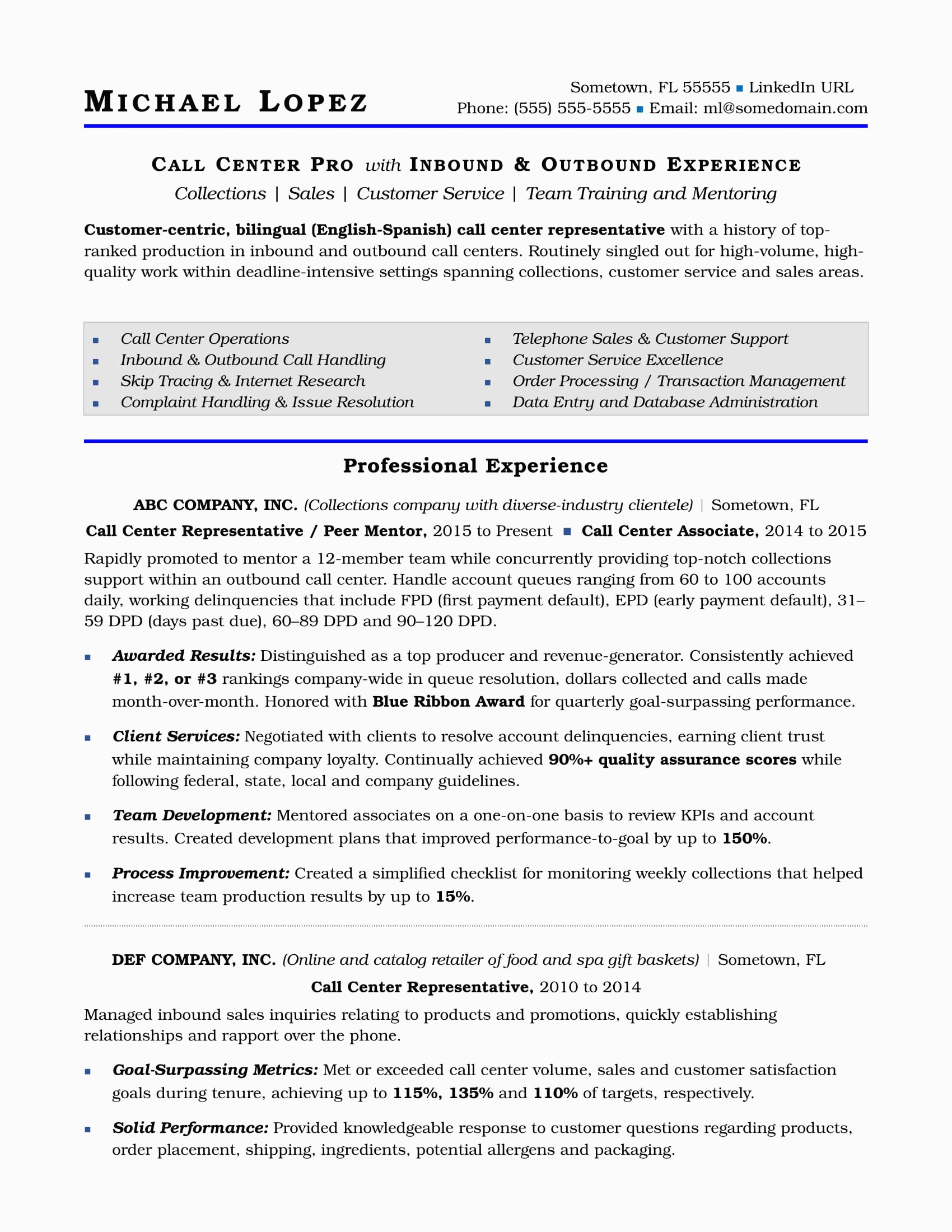 Sample Resume For Customer Service Representative Call Center