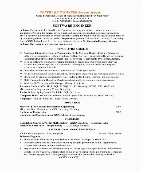 Sample Resume for Experienced software Engineer Pdf Free 13 Sample software Engineer Resume Templates In Ms