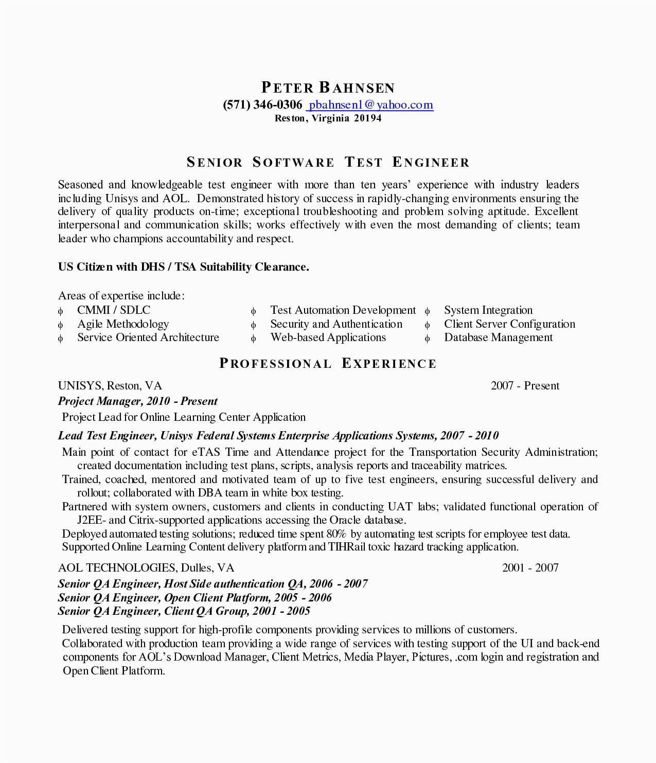 sample resume for software test engineer with experience