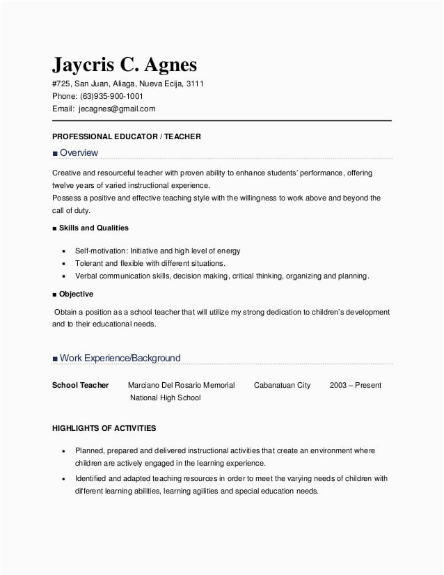resume sample for teachers