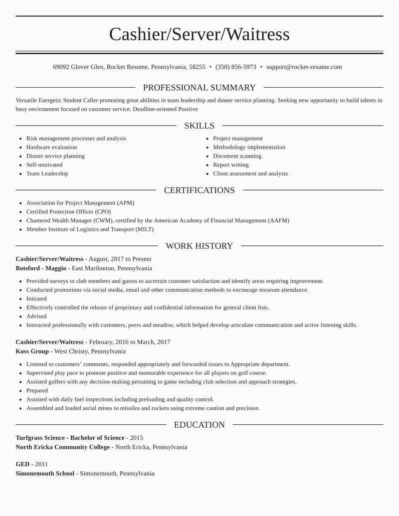 cashier server waitress position resumes templates and ideas