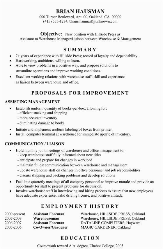 resume sample assistant warehouse manager