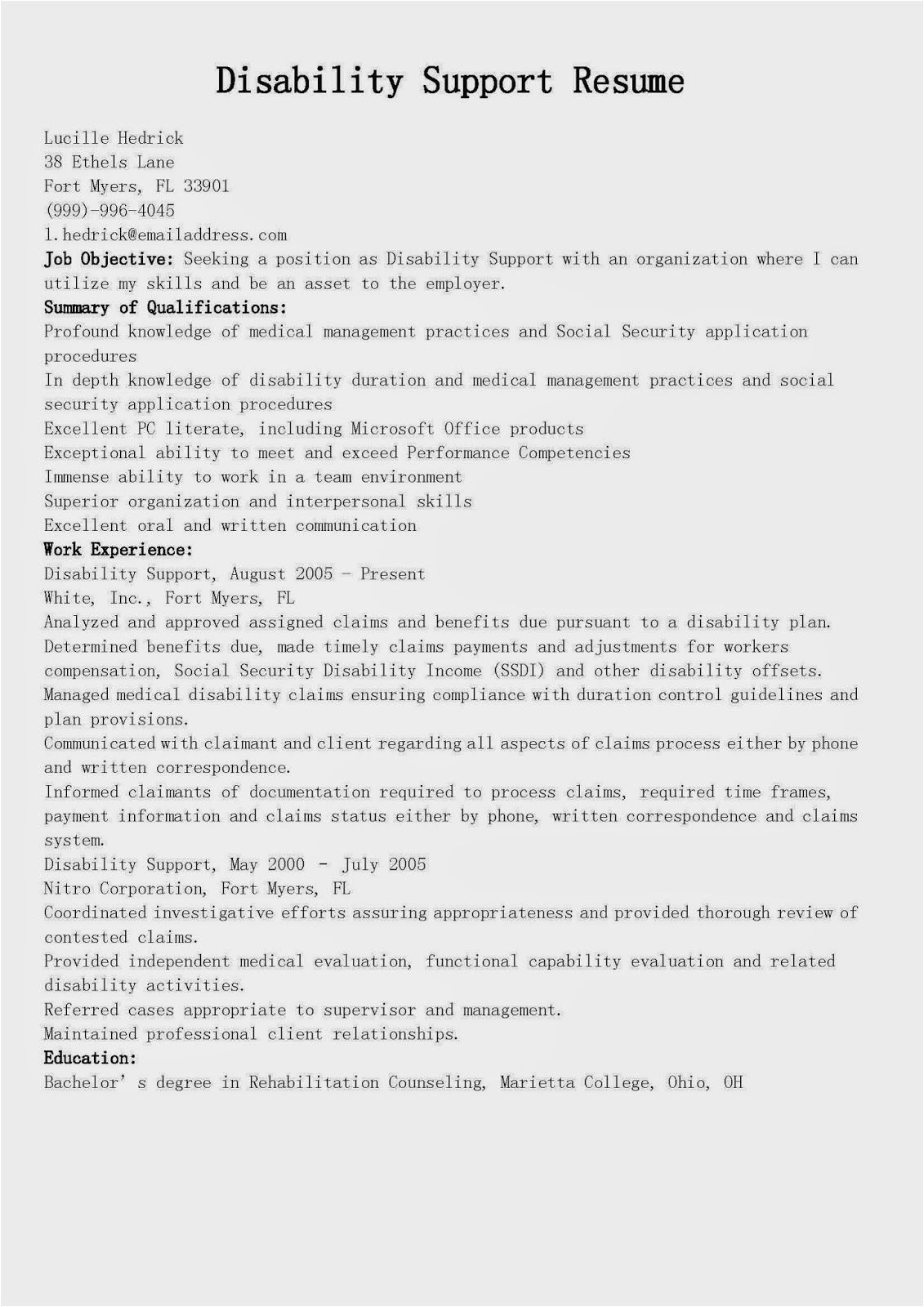 disability support resume sample