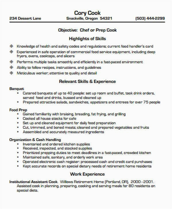 cook resume sample
