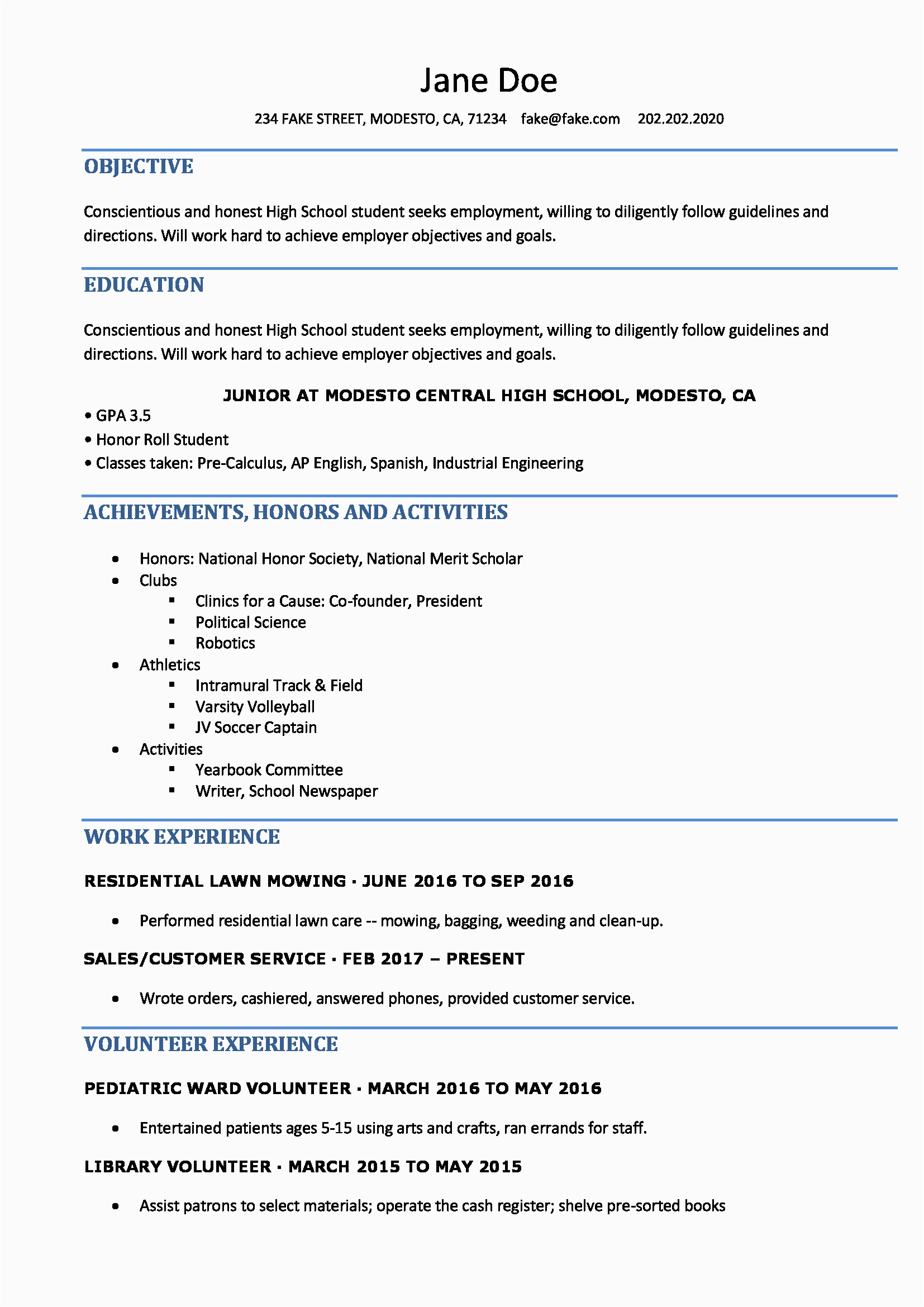 Simple Sample Resume for High School Student High School Resume Resume Templates for High School