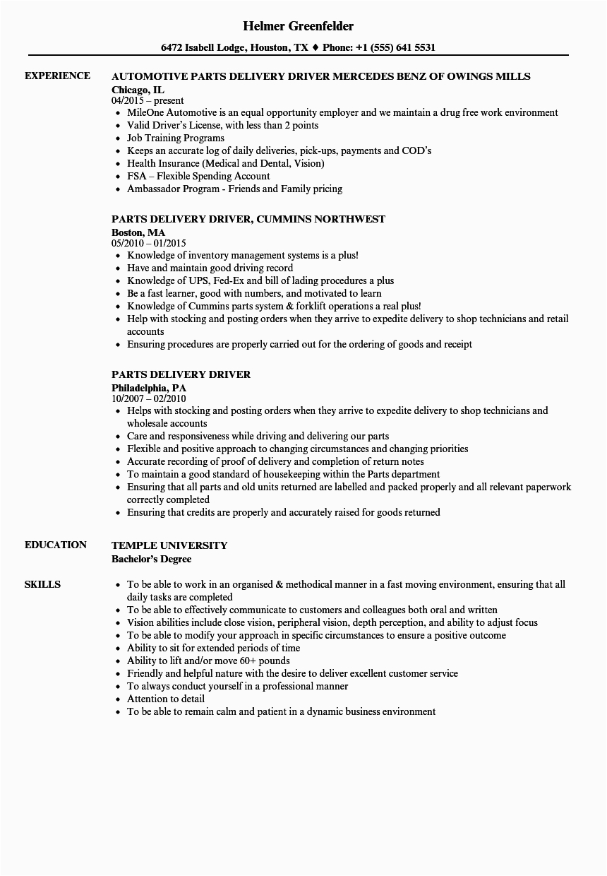 parts delivery driver resume sample