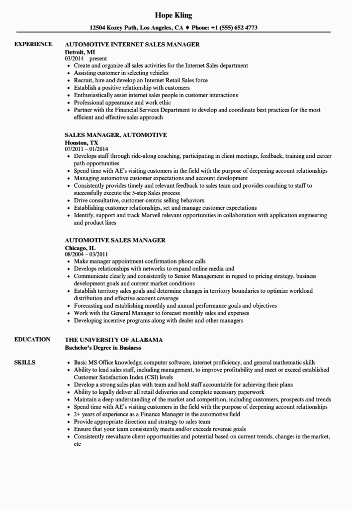 automotive car auto sales manager resume example