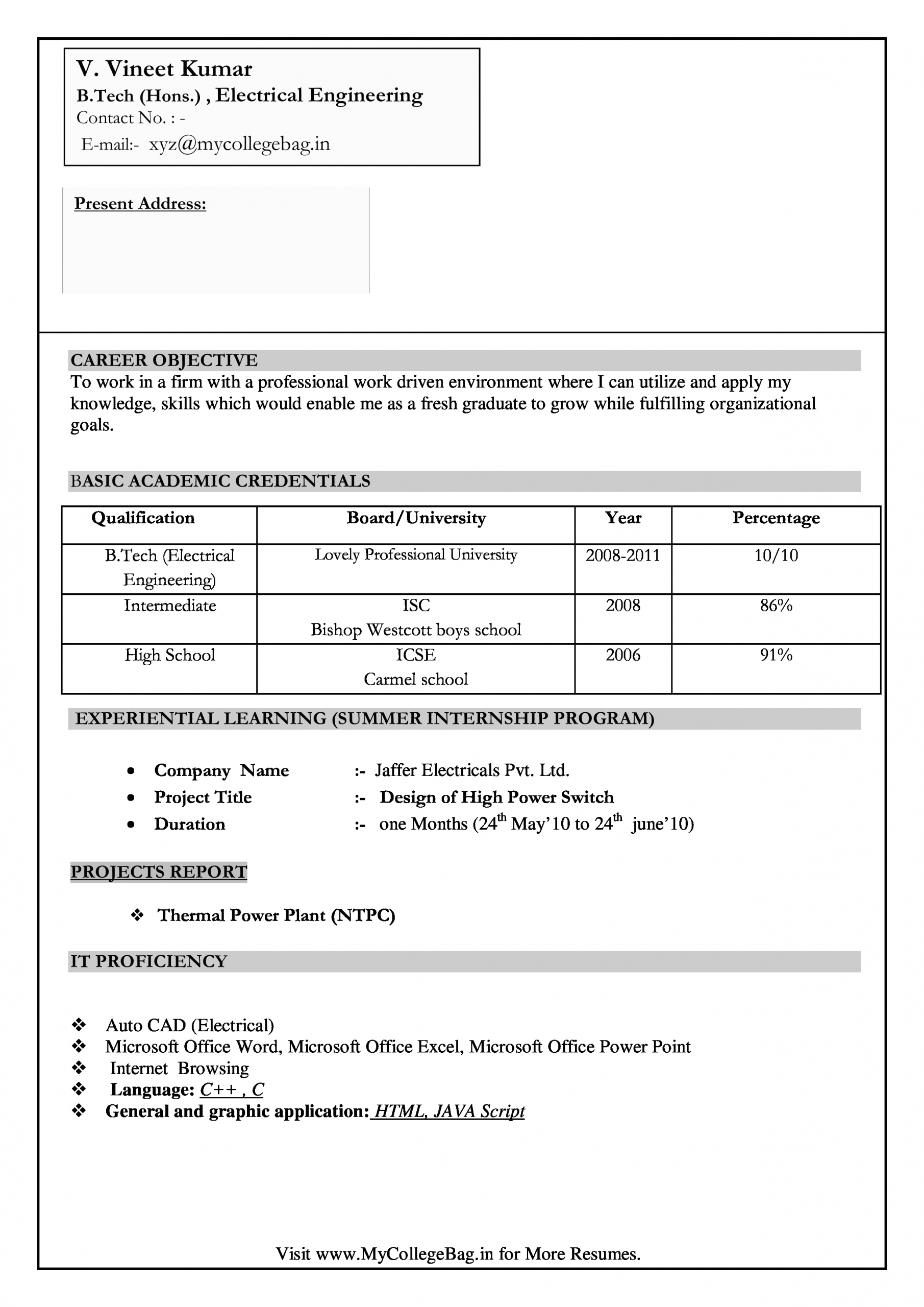 Best Sample Resume for Freshers Engineers Engineering Fresher Resume format Download In Ms Word
