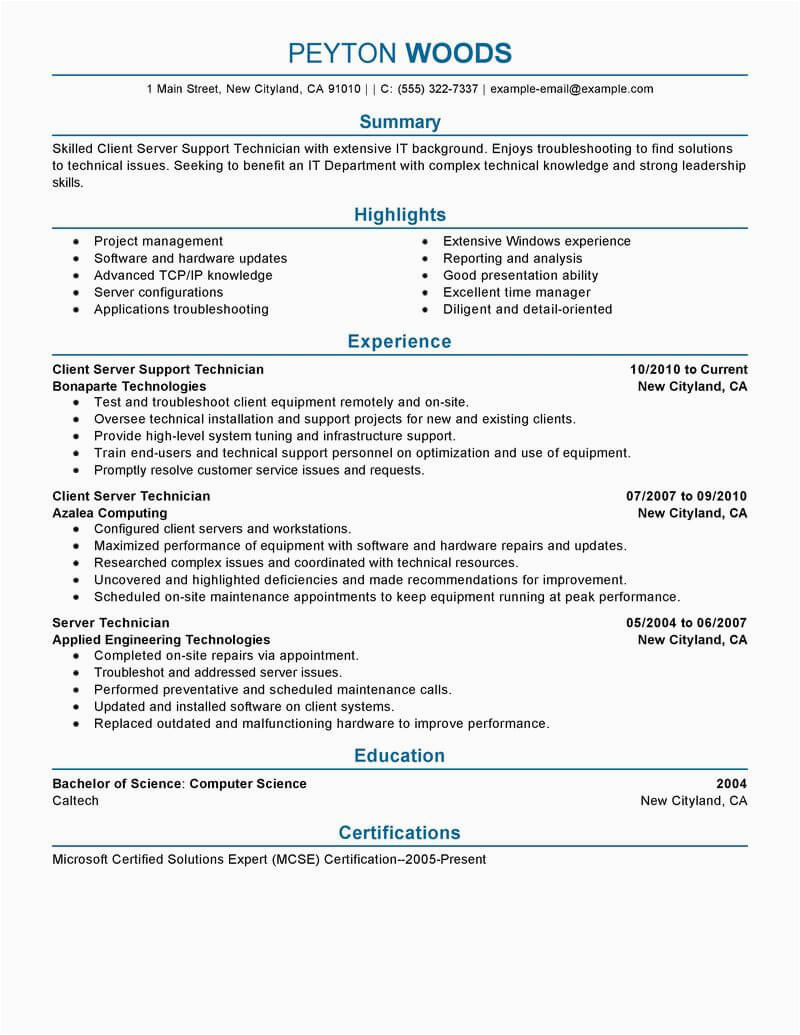 Best Sample Resume for It Professional Best Client Server Technician Resume Example From