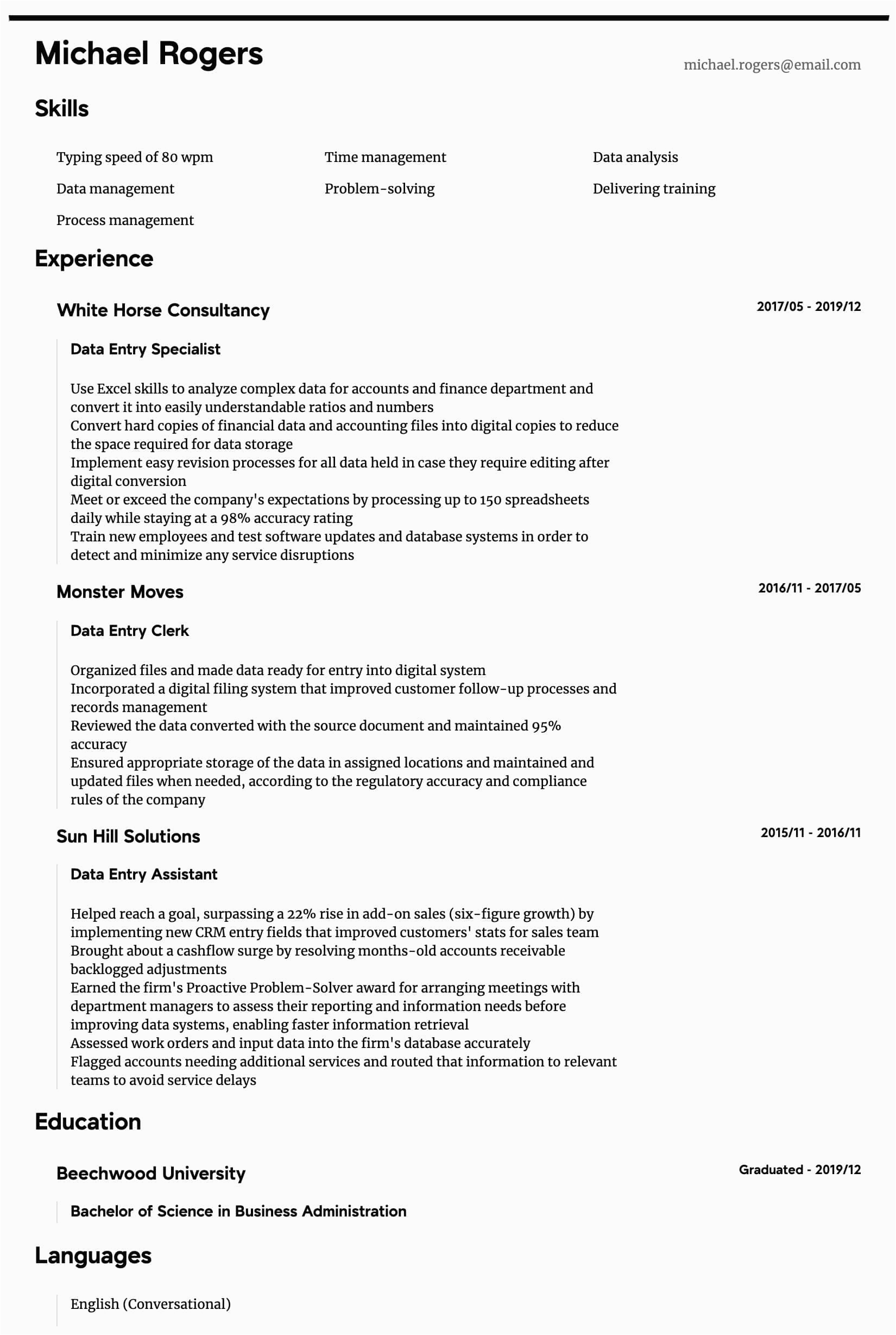 data entry resume sample