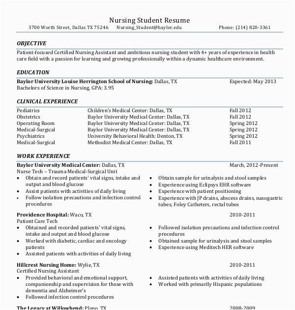 entry level nursing student resume with