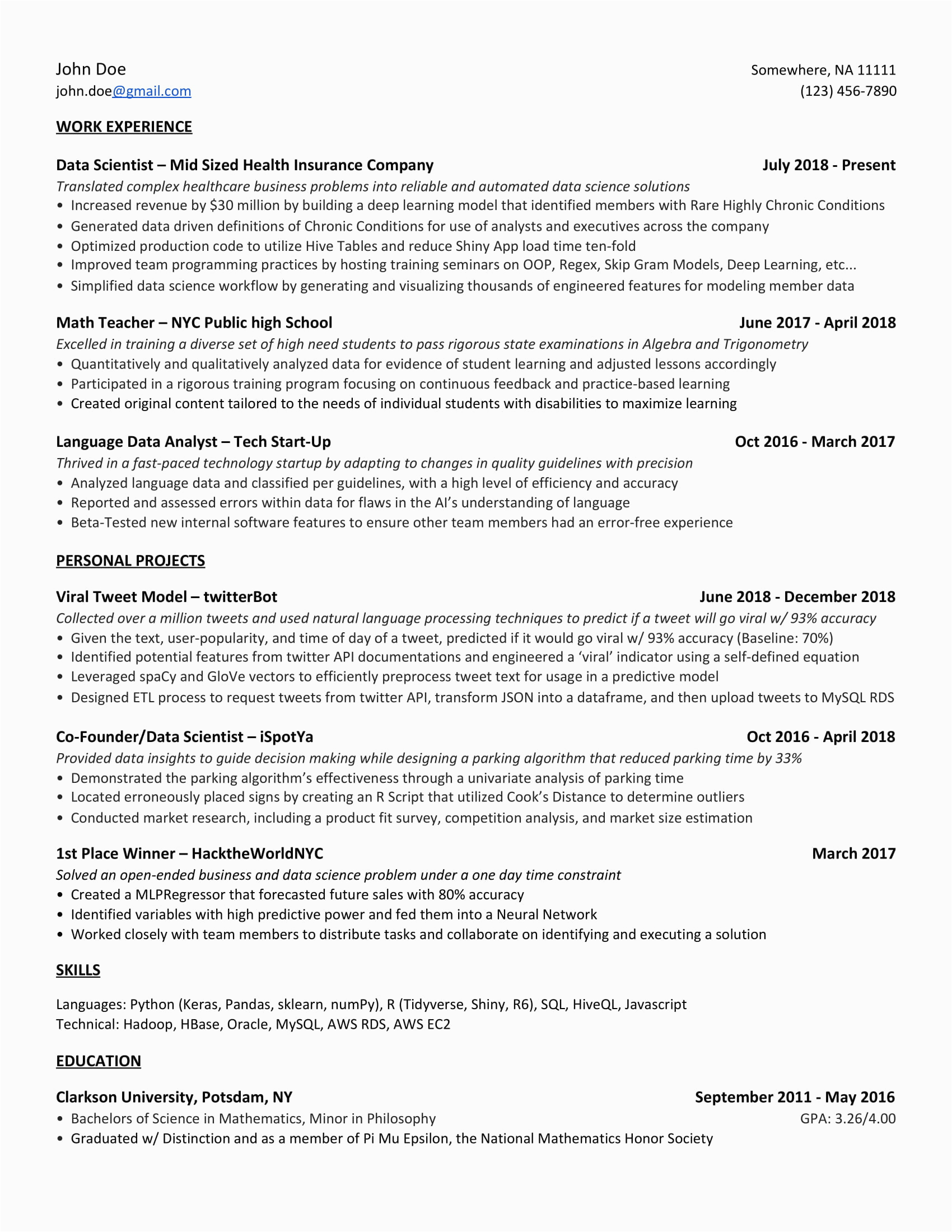 entry level data science resume