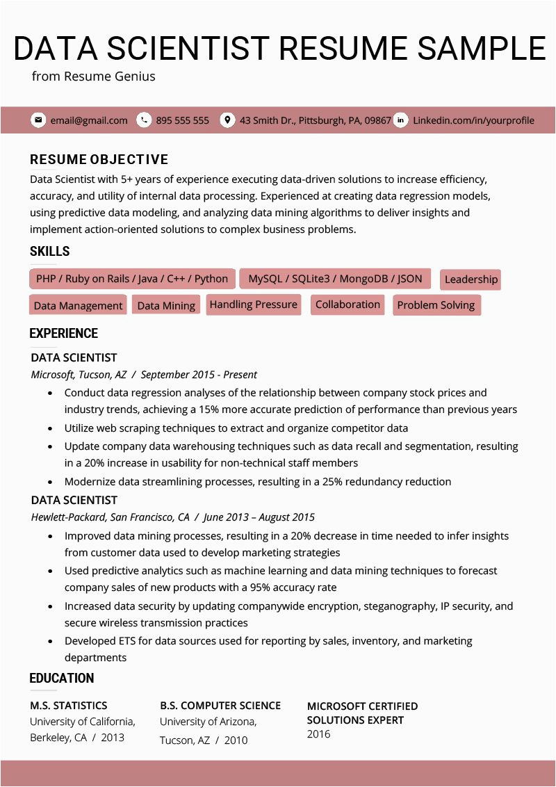 Data Science Resume Sample for Experienced Modern Data Scientist Resume Example In 2020