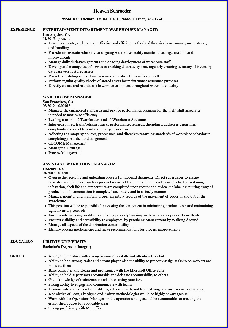 warehouse manager resume sample pdf