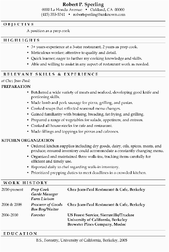 resume sample prep cook