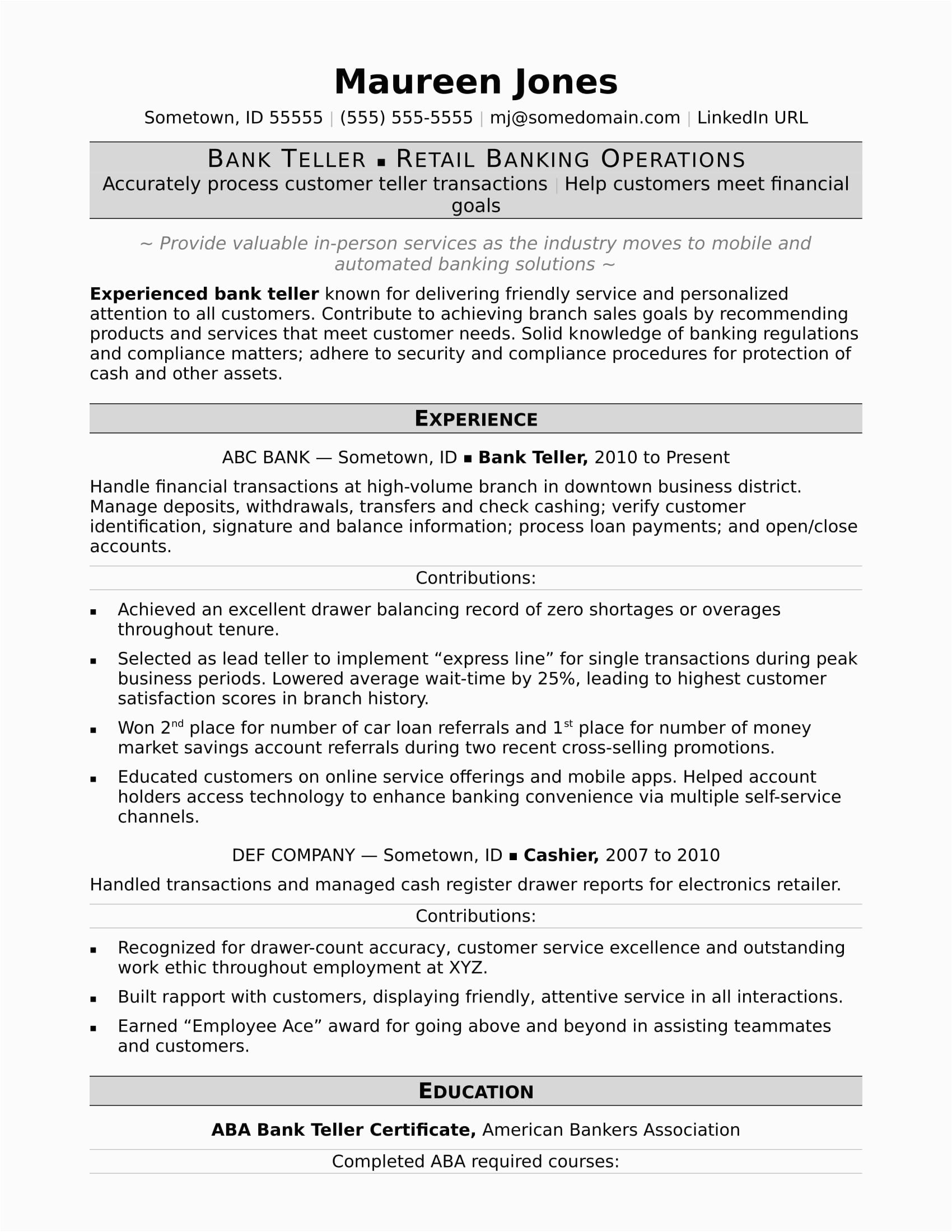 Free Resume Sample for Banking Jobs Bank Teller Resume Sample