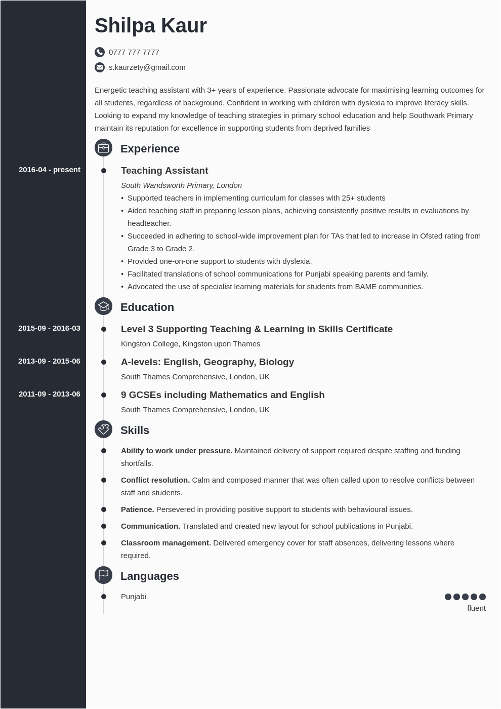 teaching assistant cv example