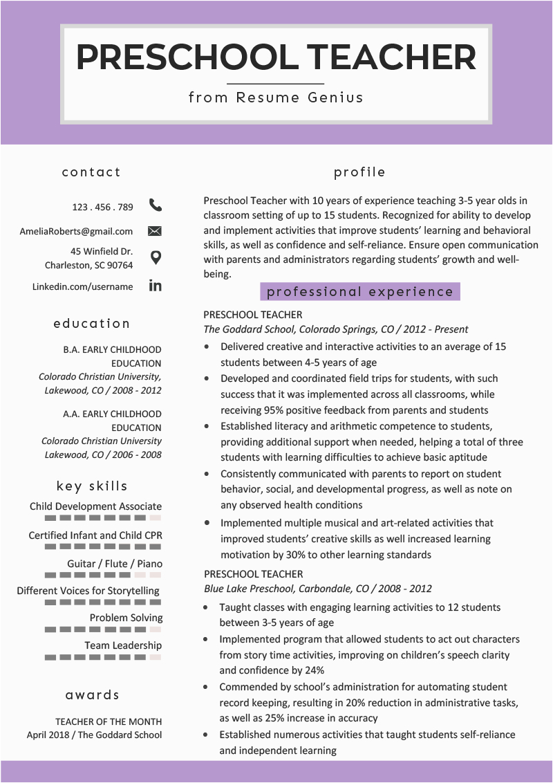 sample resume for assistant teacher in preschools of preschool teacher resume samples and writing guide
