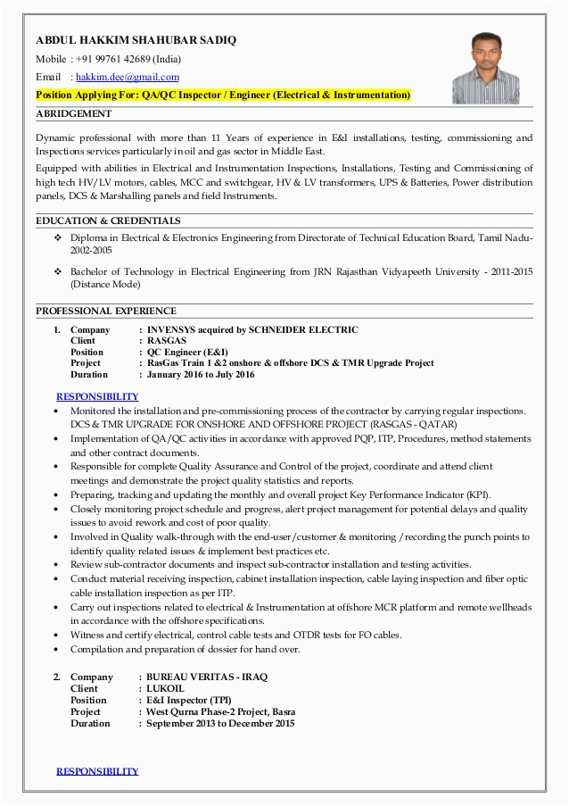 electrical qa qc engineer resume