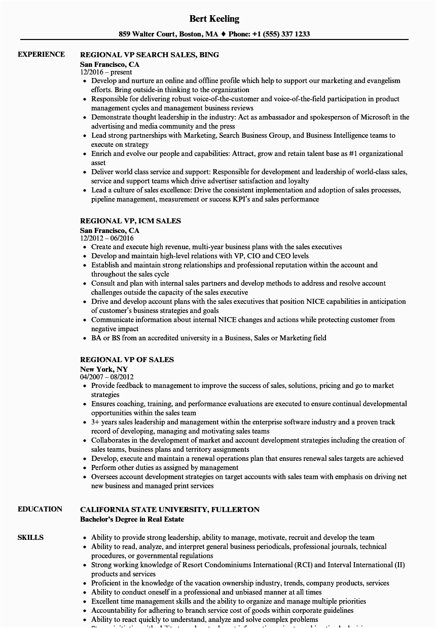 regional sales vp resume sample