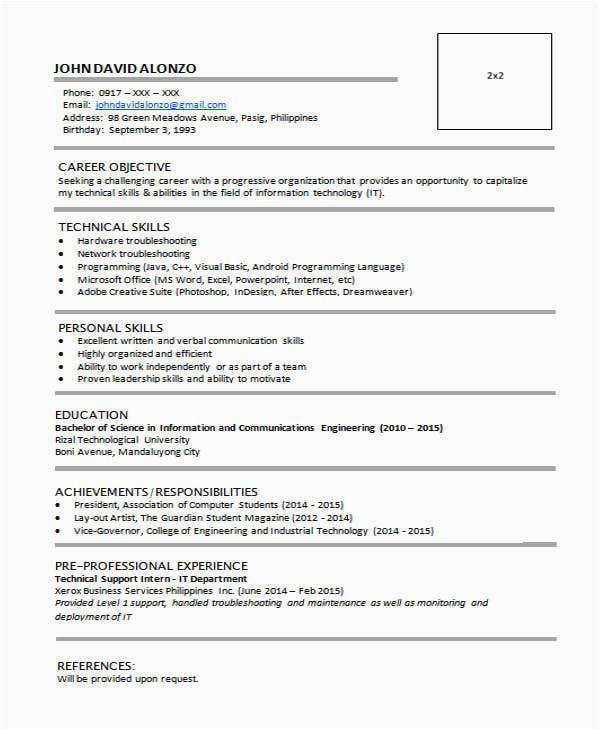 resume sample for fresh graduate teacher without experience