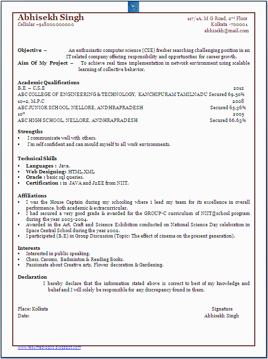 Resume Sample for Freshers Computer Science Engineers Resume Blog Co Bachelor Of Puter Science Engineer B E