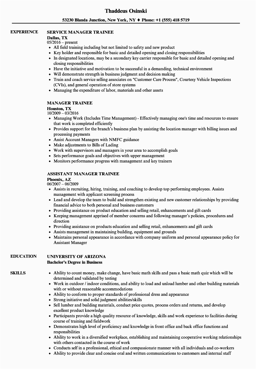 manager trainee resume sample