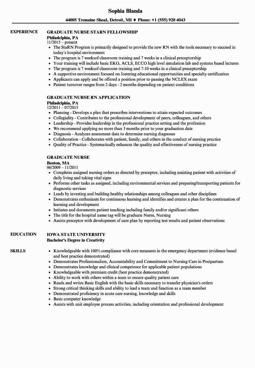 new grad nurse resume graduate nurse resume sample