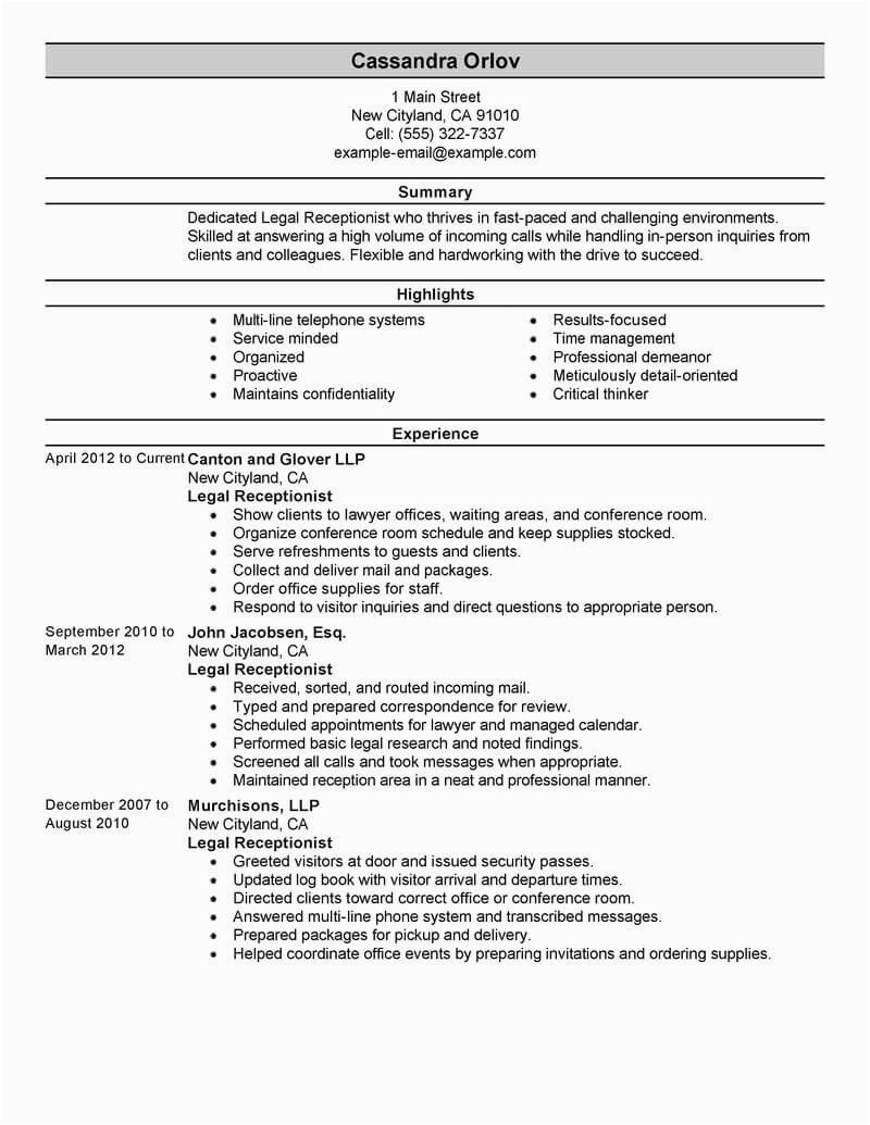 receptionist resume for hotel job with