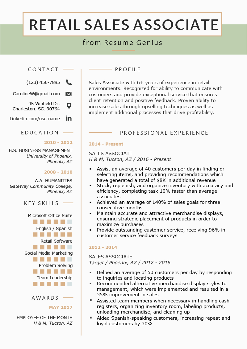 retail sales associate resume example