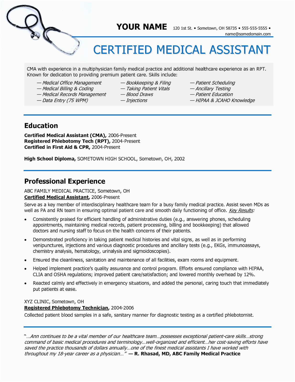 sample of medical assistant resume