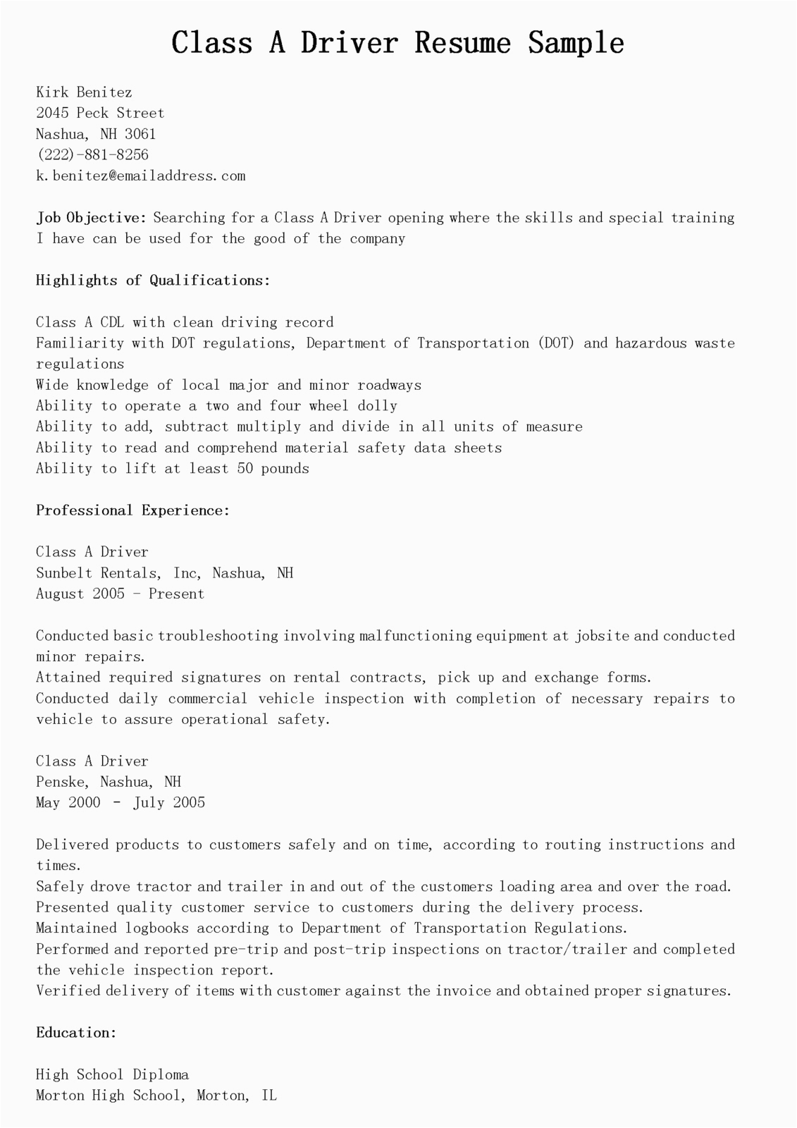 class driver resume sample