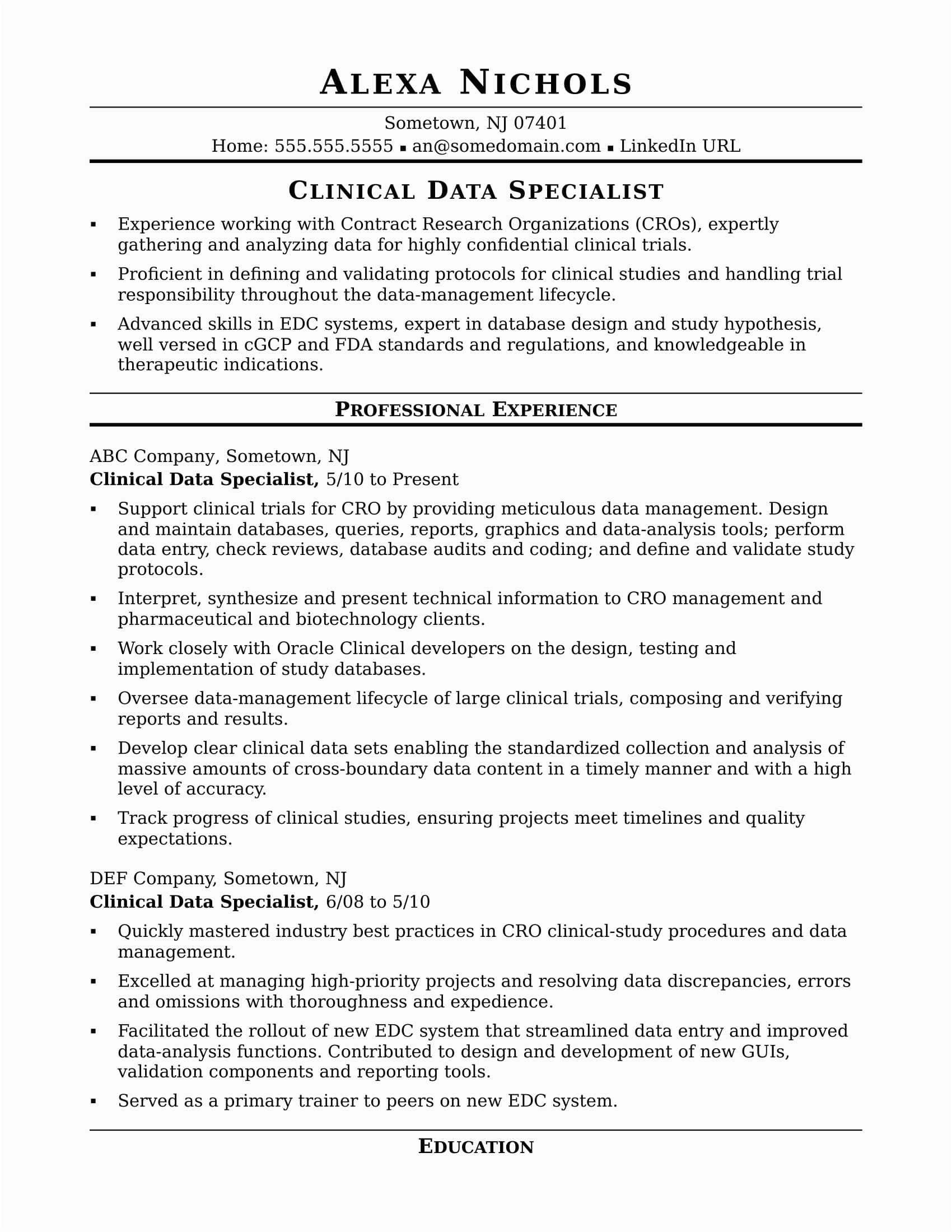 Sample Resume for Clinical Data Management Fresher Clinical Data Specialist Resume Sample