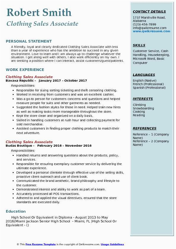 Sample Resume for Clothing Retail Sales associate Clothing Sales associate Resume Samples