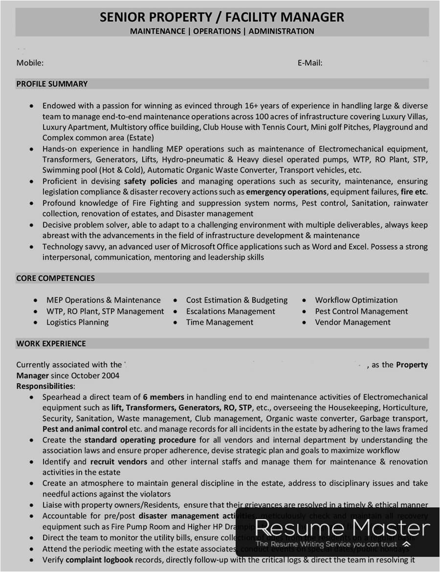 Sample Resume for Facility Manager In India Facility Manager Infrastructure