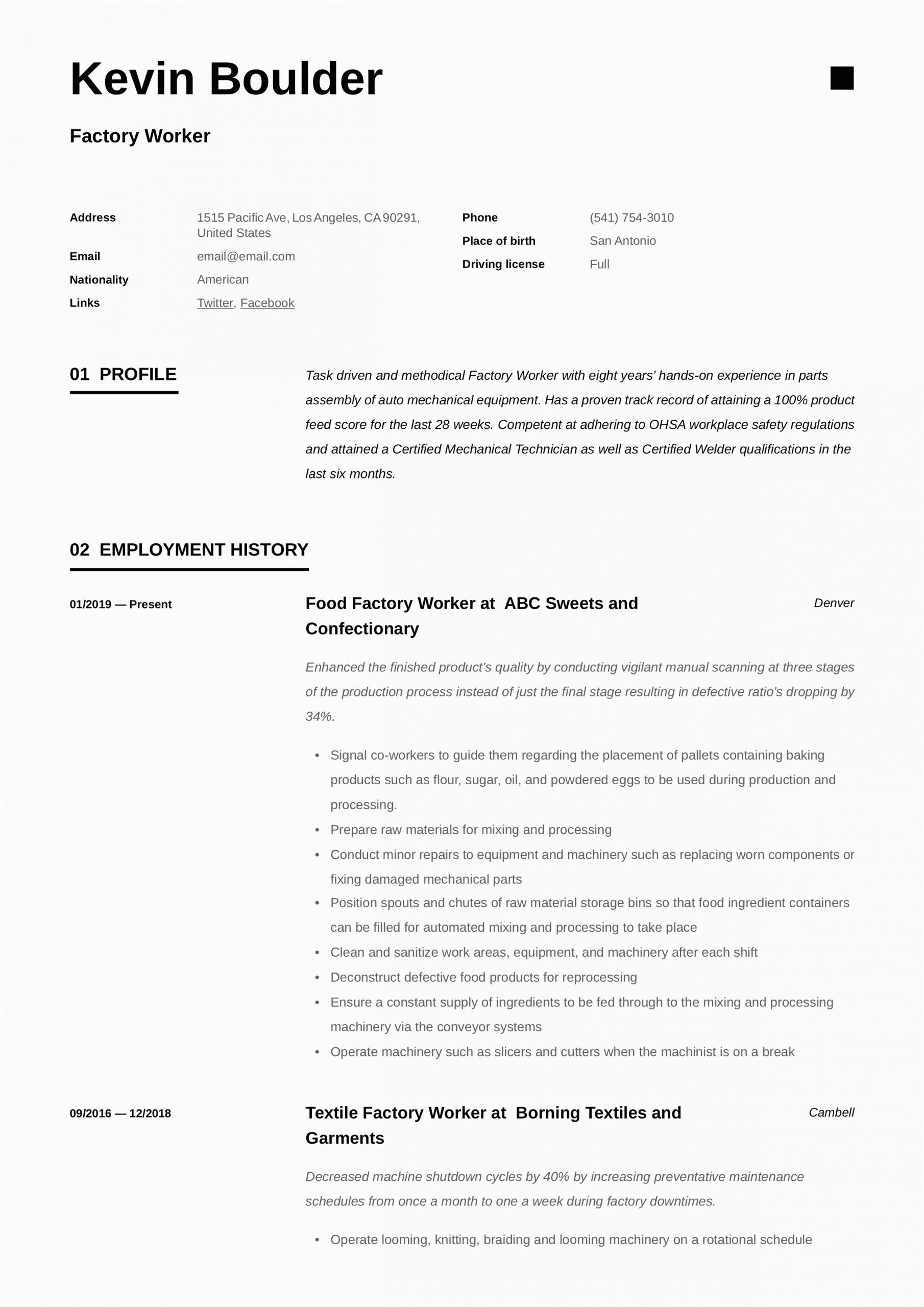 Sample Resume for Factory Worker Position Factory Worker Resume & Writing Guide