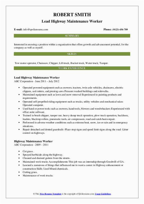 Sample Resume for Highway Maintenance Worker Highway Maintenance Worker Resume Samples