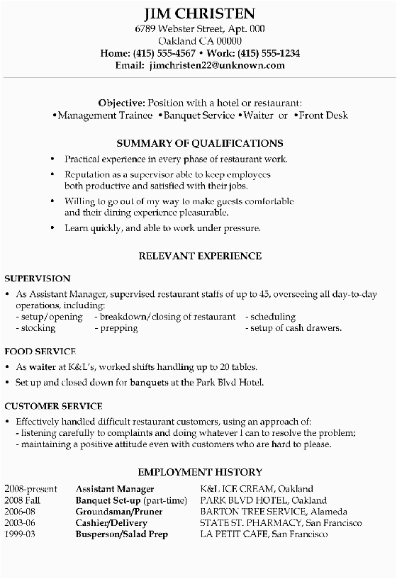 resume sample management trainee banquet service waiter front desk