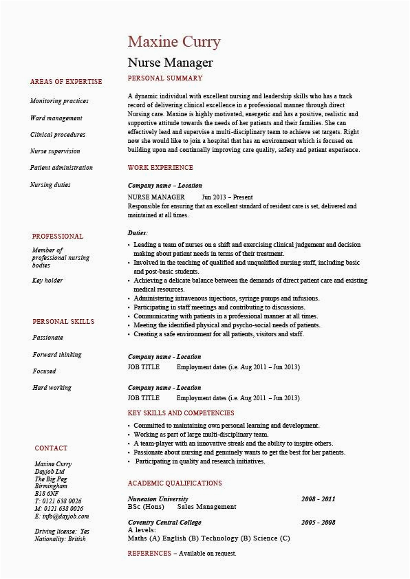 Sample Resume For Nurse Manager Position