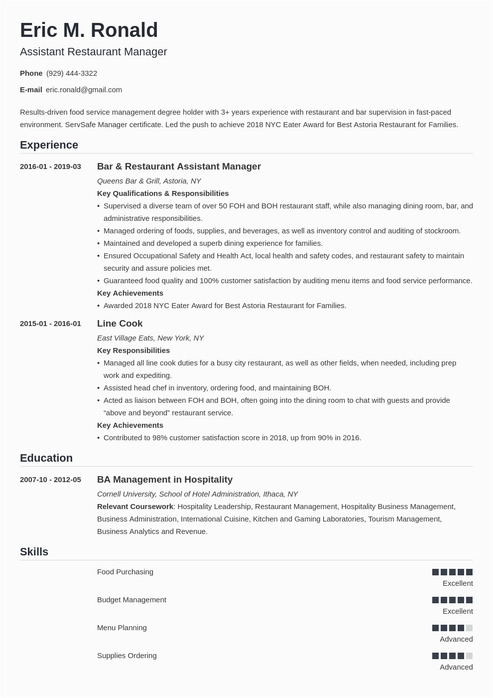 restaurant manager resume example